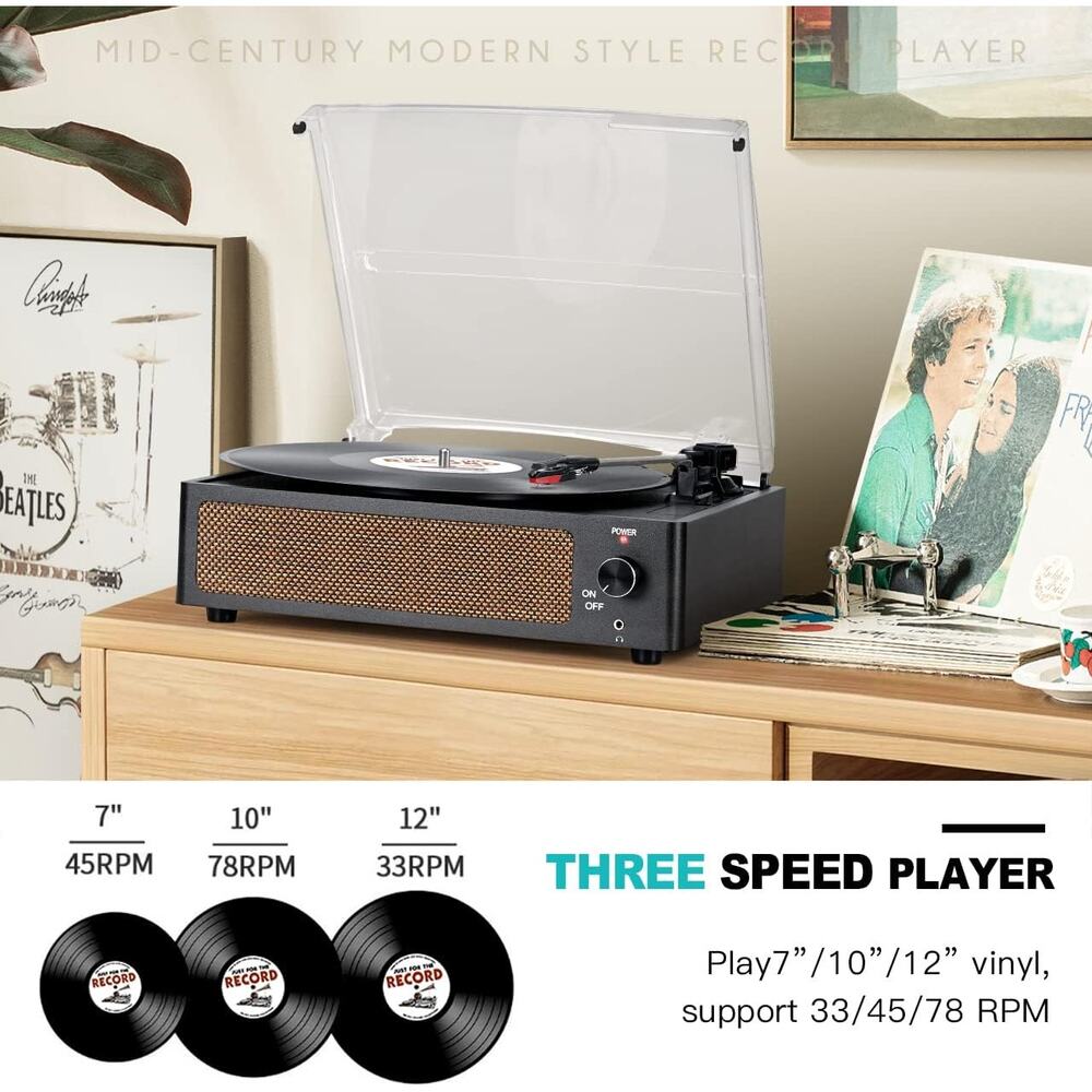 Vinyl Record Player 3-Speed Turntable with Speakers-Black - Picture 3 of 7